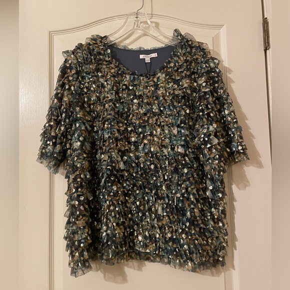 CHICO'S NWT $129.50 Foil Mesh Ruffle Cropped Top Gold Spruce Blouse Size 3 (XL) - Picture 4 of 11
